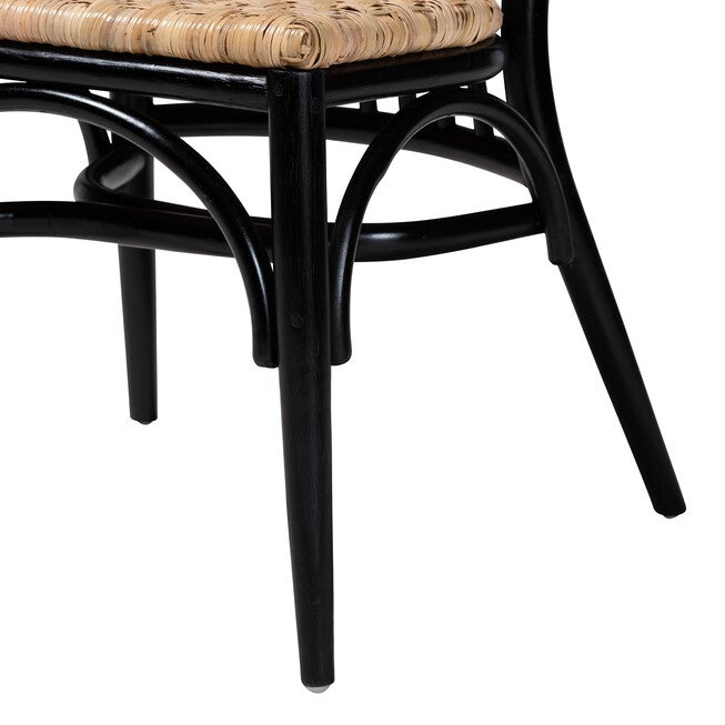 Parthenia Mid-Century Modern Two-Tone Black And Walnut Brown Finished Mahogany Wood And Natural Rattan Dining Chair, , alternate image number null
