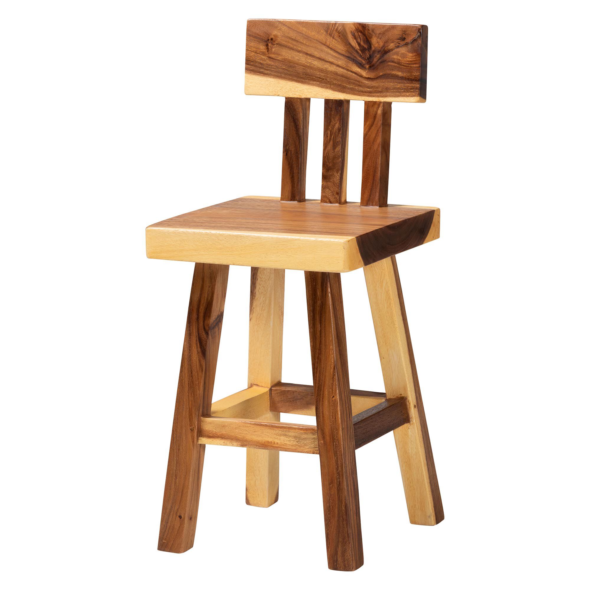 Luli Suar Wood Counter Stool - Handcrafted Solid Wood Stool with Backrest, BROWN, alternate image number 1