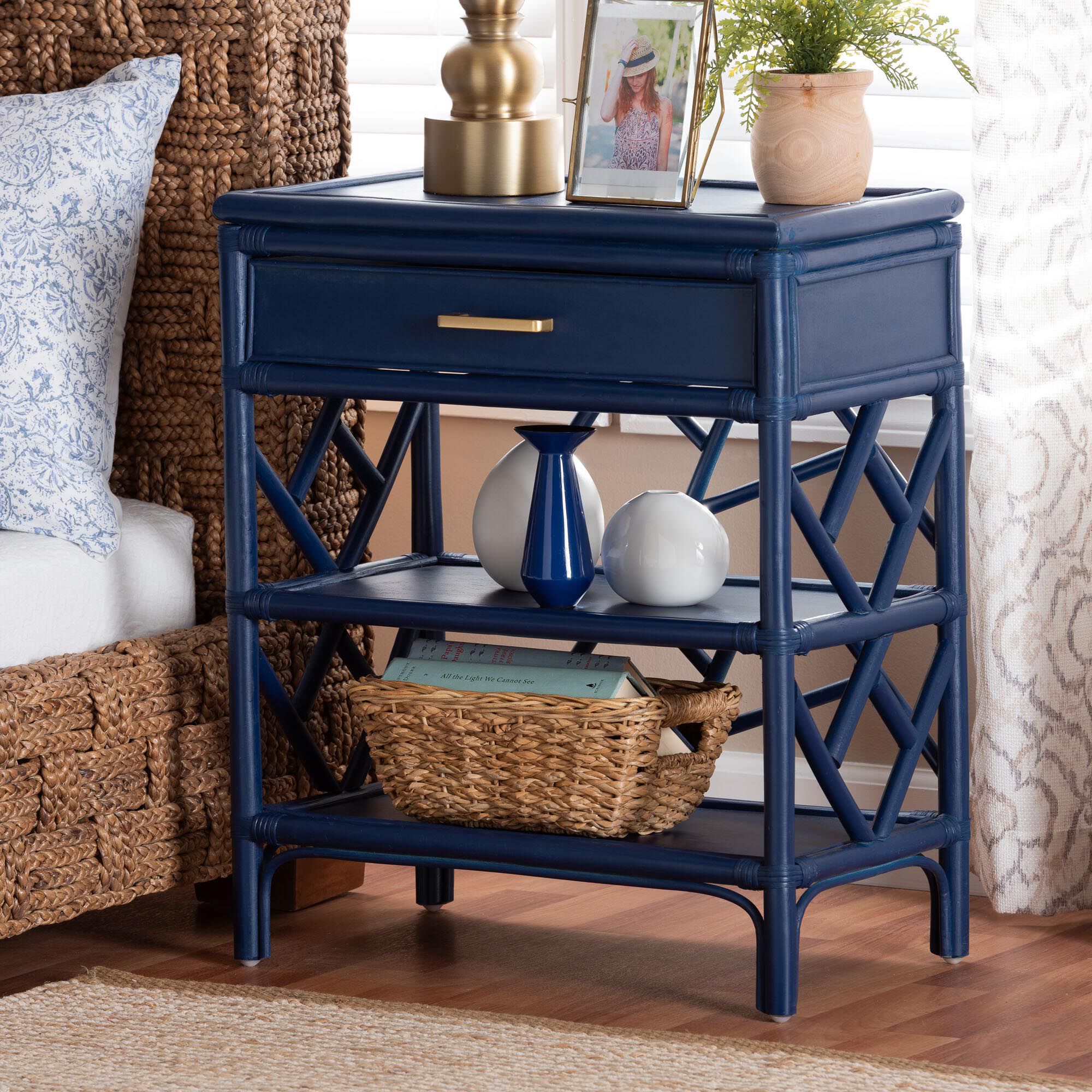 Daina Natural Rattan Nightstand, White, BLUE, hi-res image number 0