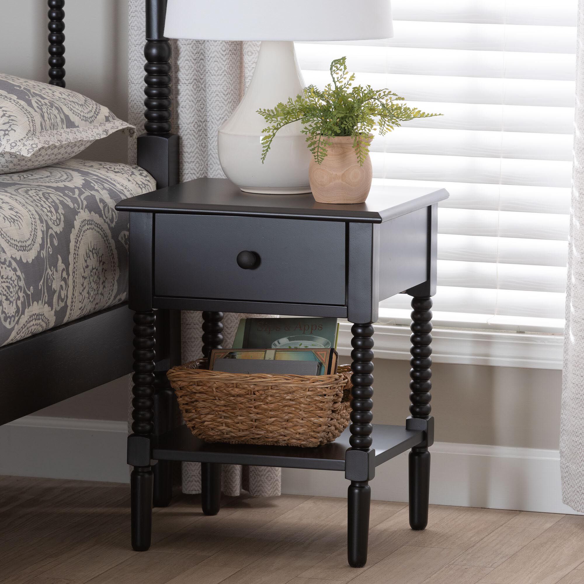 Braith Farmhouse Ivory Spindle Wood 1-Drawer Nightstand
