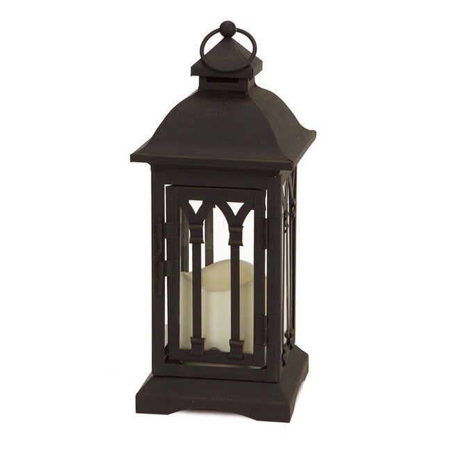 Lantern w/3 inchesx3 inches LED Candle (Set of 2) 12.25 inchesH Iron/Glass/Plastic - 2 AA Batteries Not Incld., BLACK, alternate image number null