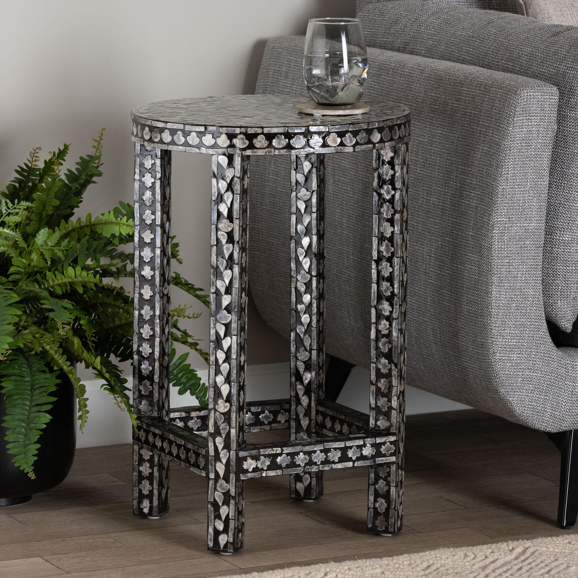 Elara Coastal Black and White Mother of Pearl Capiz Shell End Table, MOSAIC, hi-res image number 0
