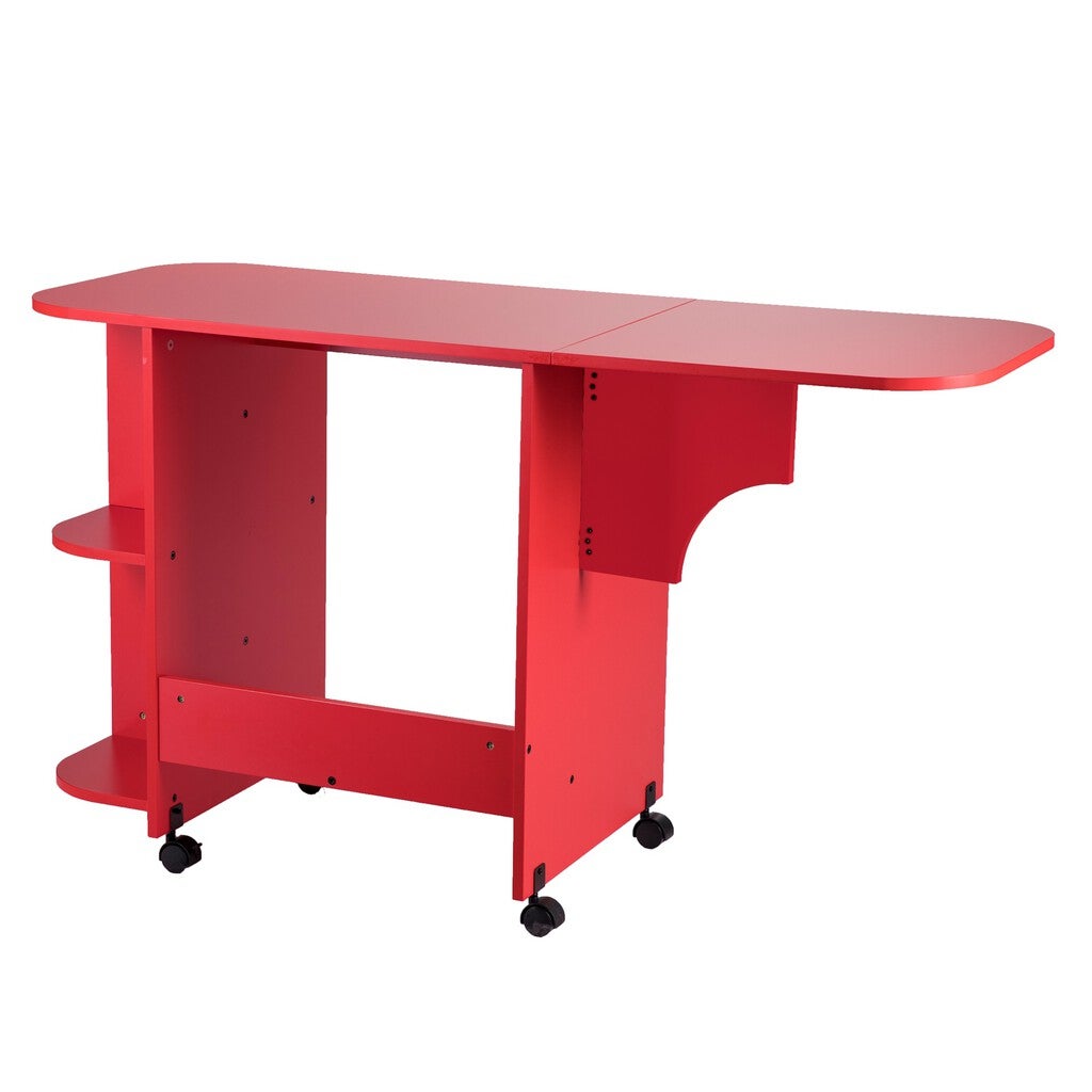 Red expandable rolling sewing table with wheels and shelves