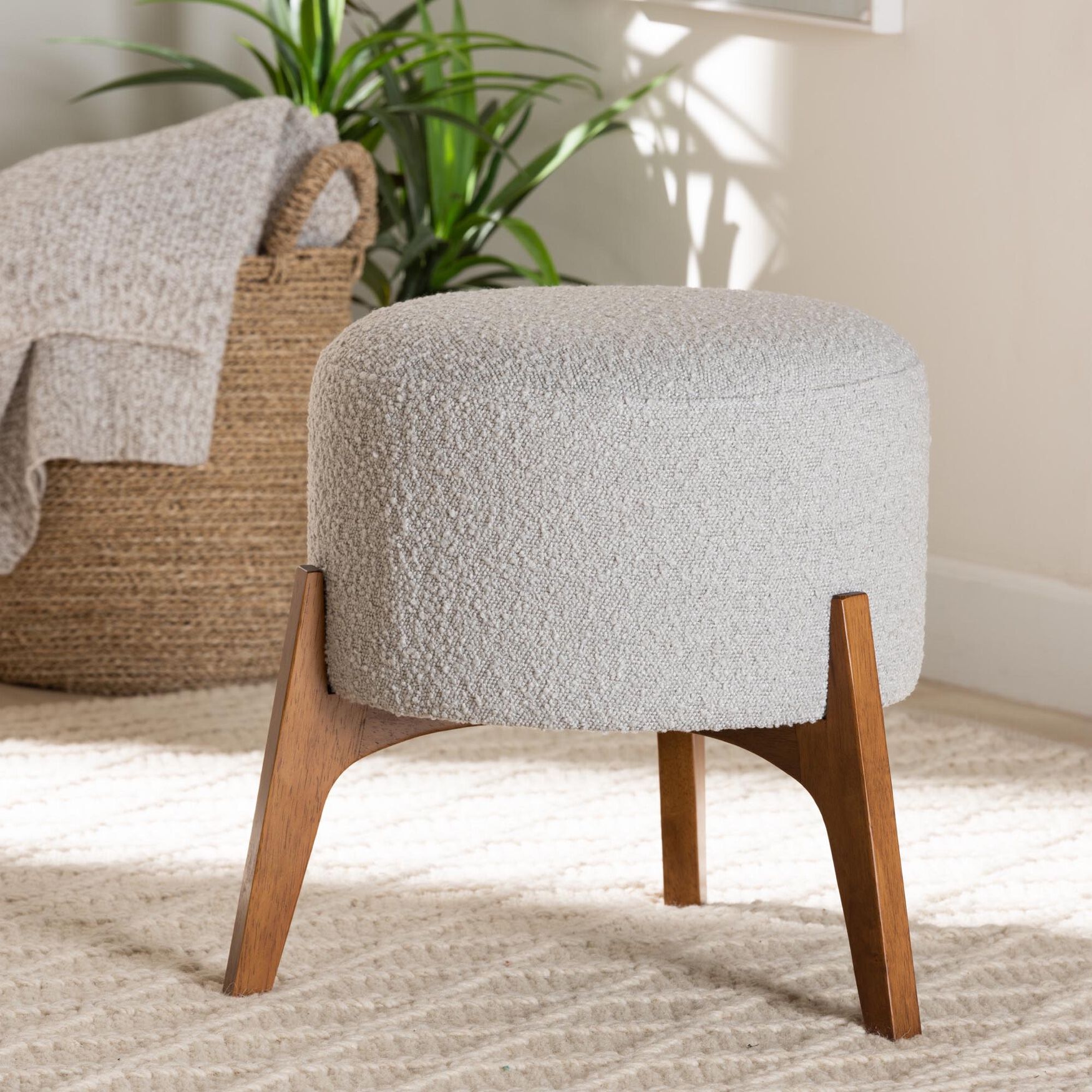 Elkie Japandi Cream Boucle Fabric And Walnut Brown Finished Wood Ottoman Footstool, , alternate image number 10