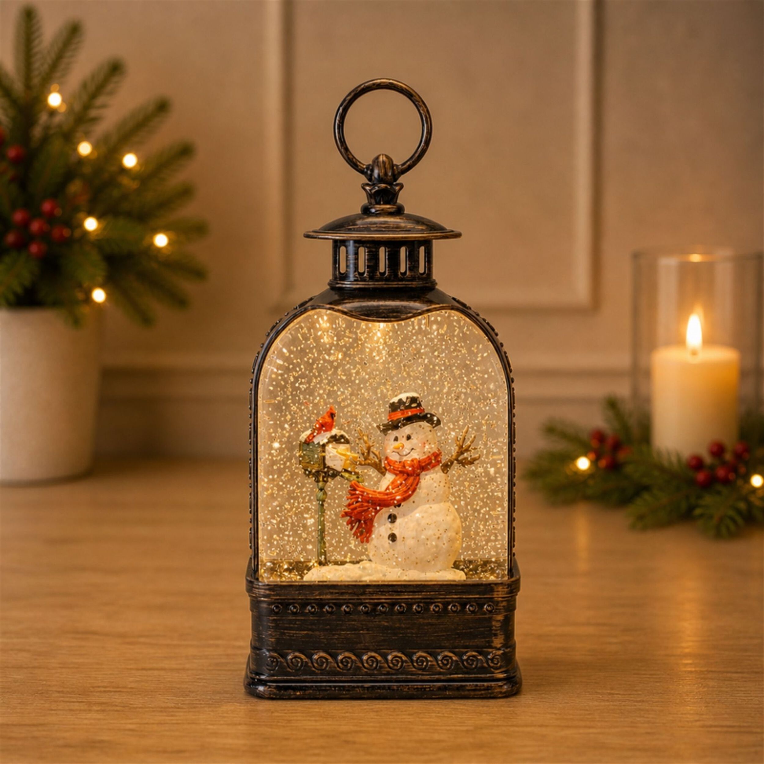LED Snow Globe with Snowman and Cardinals 9.75 inchesH, BRONZE RED WHITE, alternate image number 3