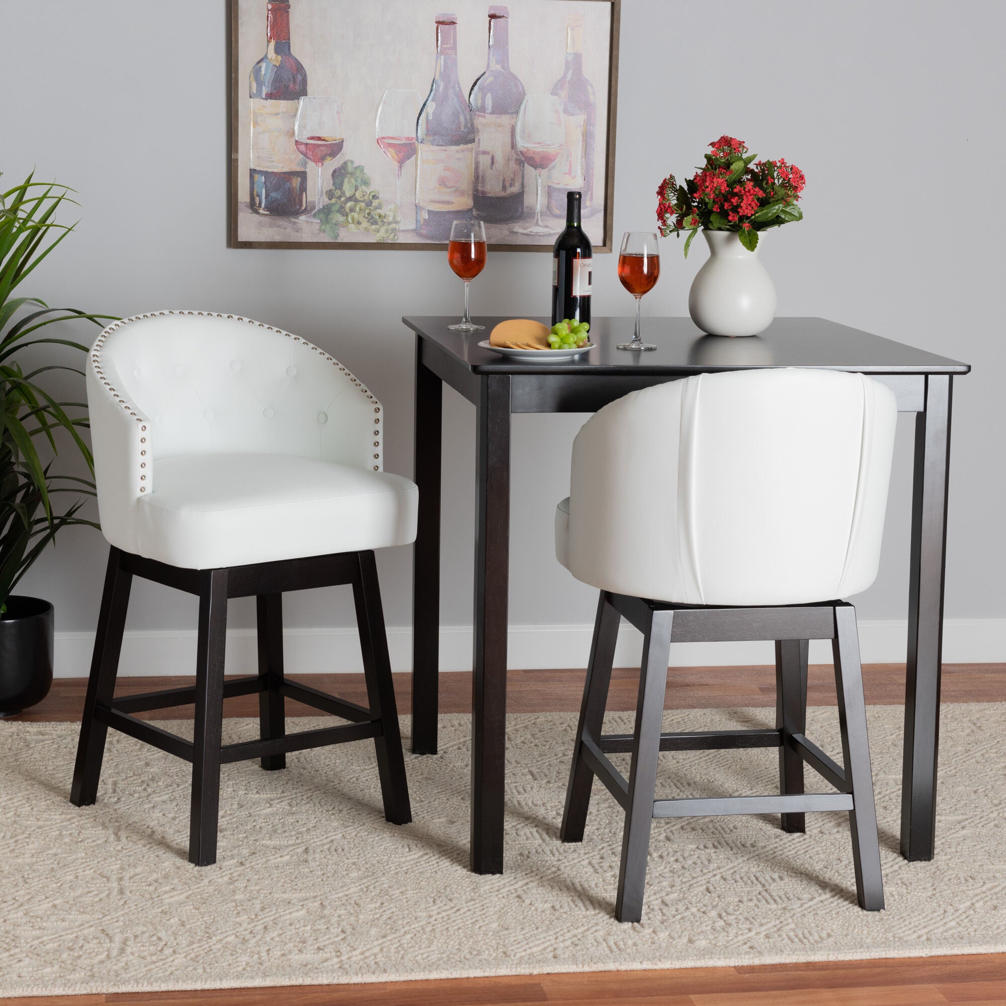 Theron Mid-Century Transitional Black Faux Leather and Espresso Brown Finished Wood 2-Piece Swivel Counter Stool Set