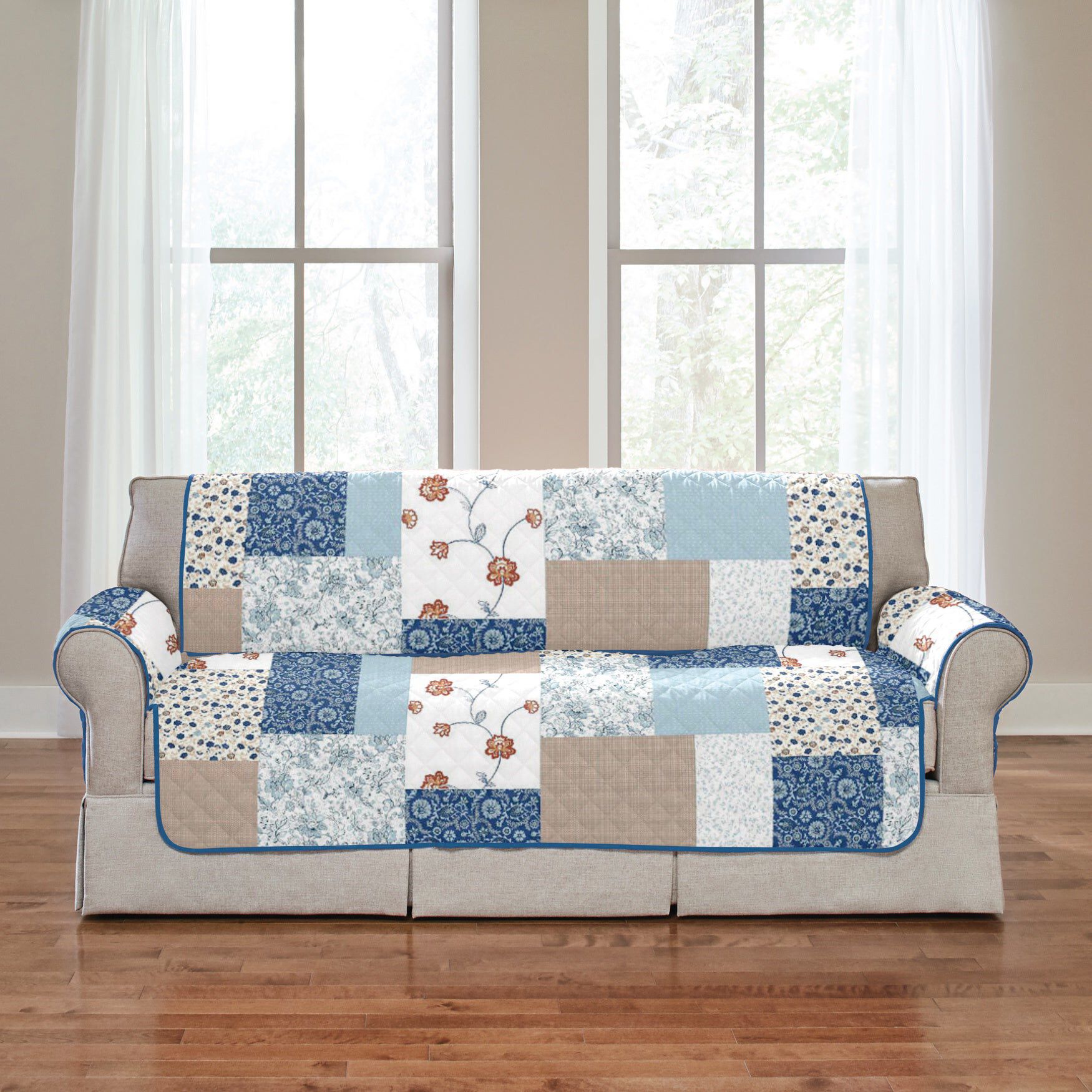 Printed Patchwork Loveseat Cover, BLUE MULTI, hi-res image number 0