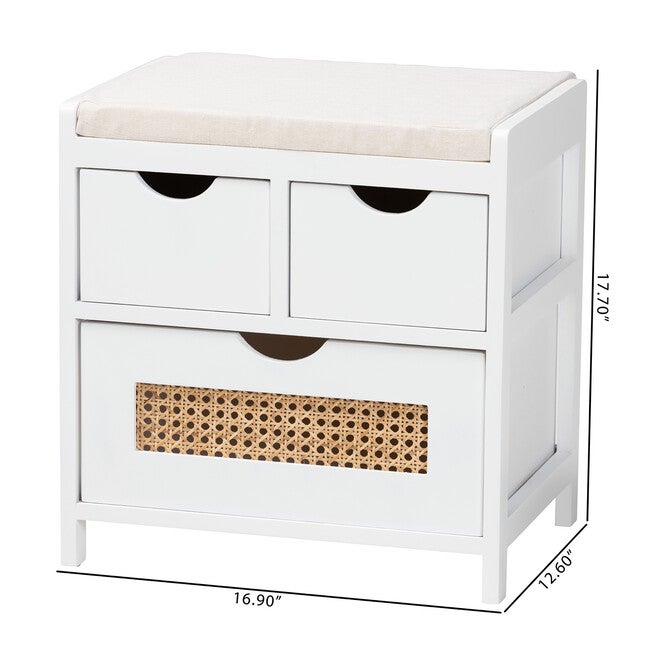 Bastian Modern And Contemporary Light Beige Fabric And White Finished Wood 3-Drawer Storage Bench With Natural Rattan, , alternate image number null