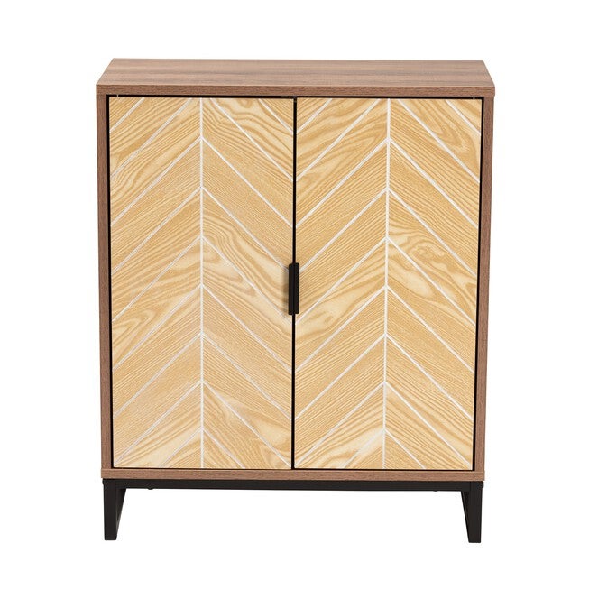 Josephine Mid-Century Modern Transitional Two-Tone Walnut And Natural Brown Finished Wood And Black Metal 2-Door Storage Cabinet, , alternate image number null