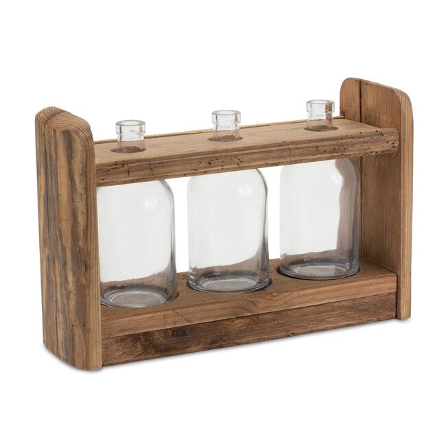 Triple Vase in Holder 15 inchesL x 9.75 inchesH Wood/Glass, BROWN, hi-res image number null