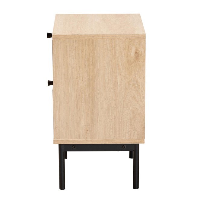 Sherwin Mid-Century Modern Light Brown And Black 2-Drawer End Table With Woven Rattan Accent, , alternate image number null