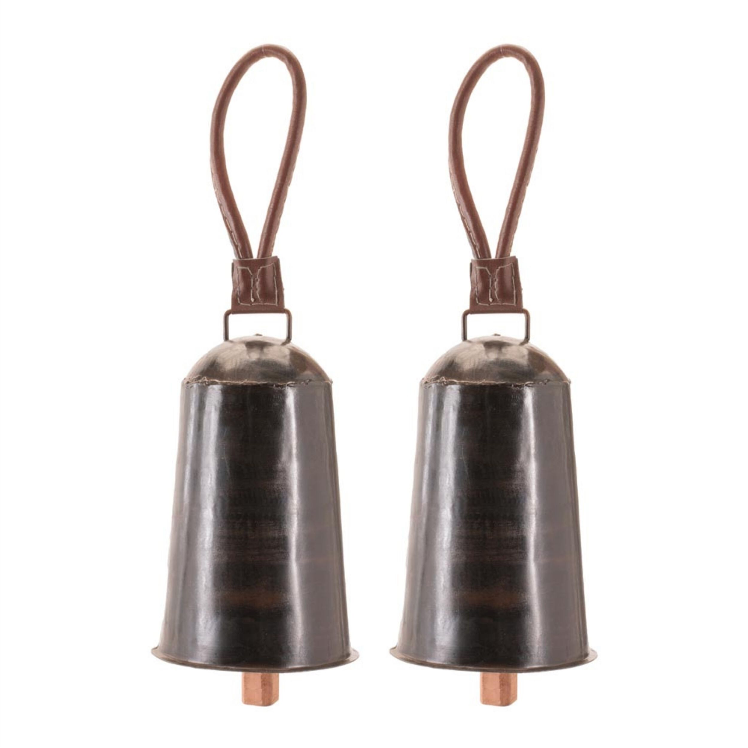 Rustic Iron Hanging Bell with Leather Strap (Set of 2), BLACK BROWN, alternate image number 3