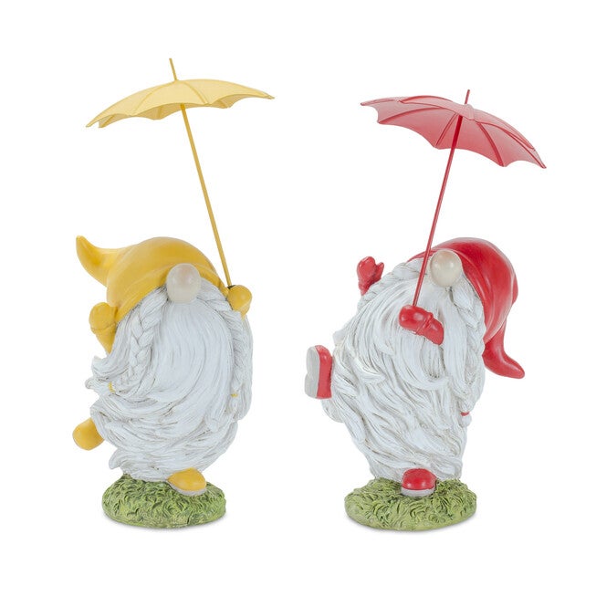 Whimsical Dancing Garden Gnome Figurine With Umbrella (Set Of 2), YELLOW, hi-res image number null