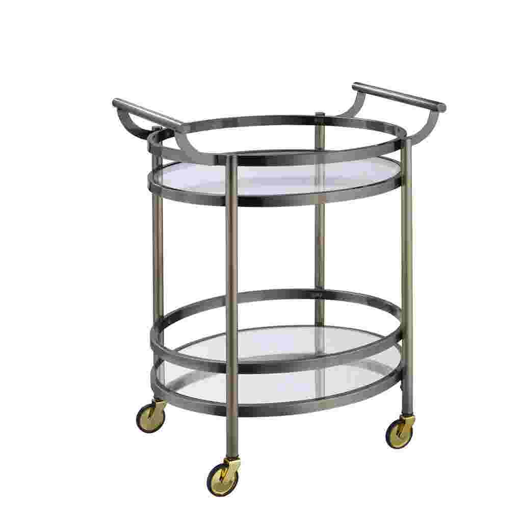 A two-tiered serving cart with a metal frame and glass shelves.