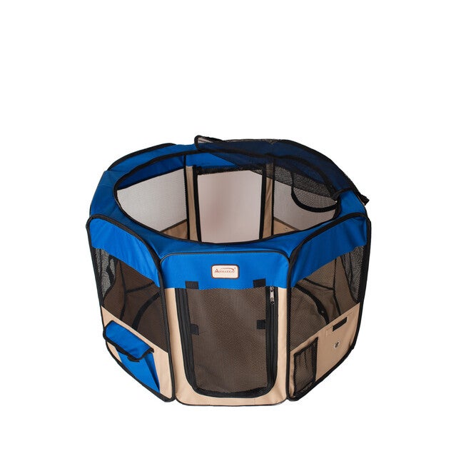 Portable Pet Dog Kitten Playpen In Blue And Beige Combo, , alternate image number null