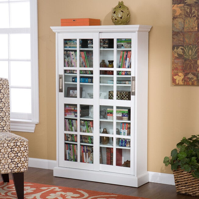 Sliding Door Media Cabinet, WHITE, hi-res image number 0