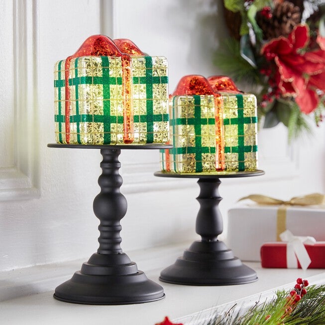 12½"H Pre-Lit Gift Box on Stand, RED GREEN, hi-res image number null