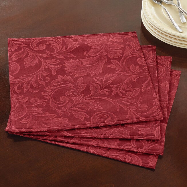 Set of 4 Damask Linen Placemats, BURGUNDY, hi-res image number null