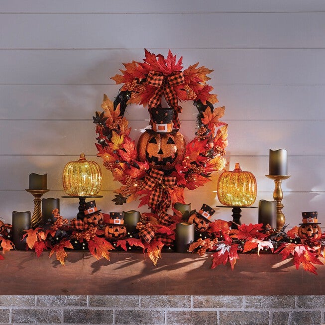 24 inches Pre-Lit Jack-O-Lantern Wreath, , alternate image number null