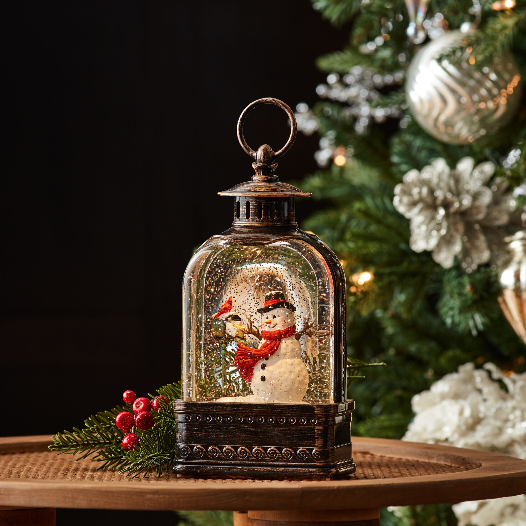 LED Snow Globe with Snowman and Cardinals 9.75 inchesH, BRONZE RED WHITE, alternate image number 2