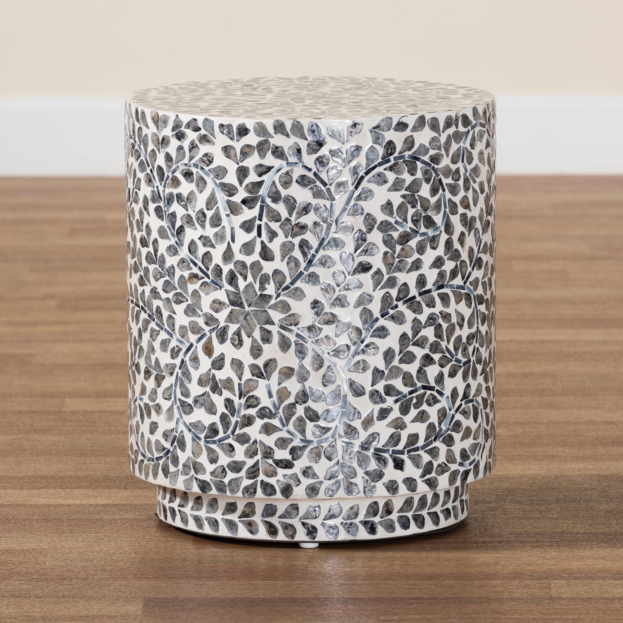 Marilla Coastal Black and White Mother of Pearl Capiz Shell Ottoman Footstool, BLACK, alternate image number 6