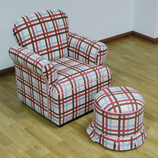 Rolled Arm Chair with Round Ottoman Plaid , PLAID, hi-res image number null