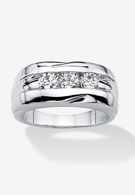 Men's Platinum Plated Cubic Zirconia 3 Stone Channel Set Wedding Band Ring, PLATINUM, hi-res image number null