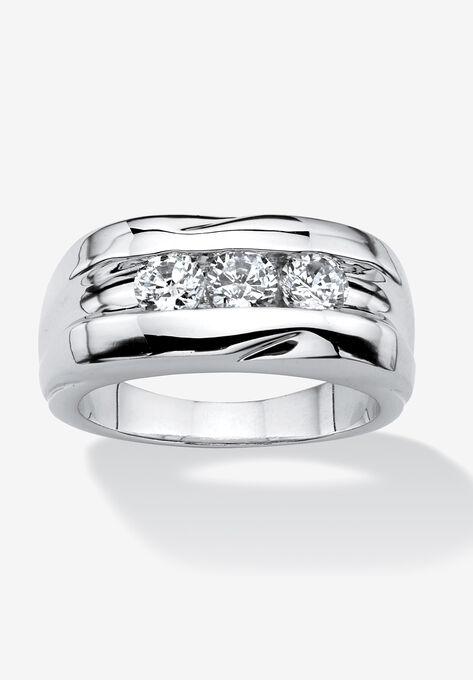 Men's Platinum Plated Cubic Zirconia 3 Stone Channel Set Wedding Band Ring, PLATINUM, hi-res image number null