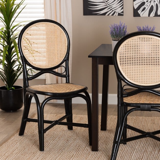 Ayana Mid-Century Modern Two-Tone Black And Natural Brown Rattan Dining Chair, , alternate image number 7