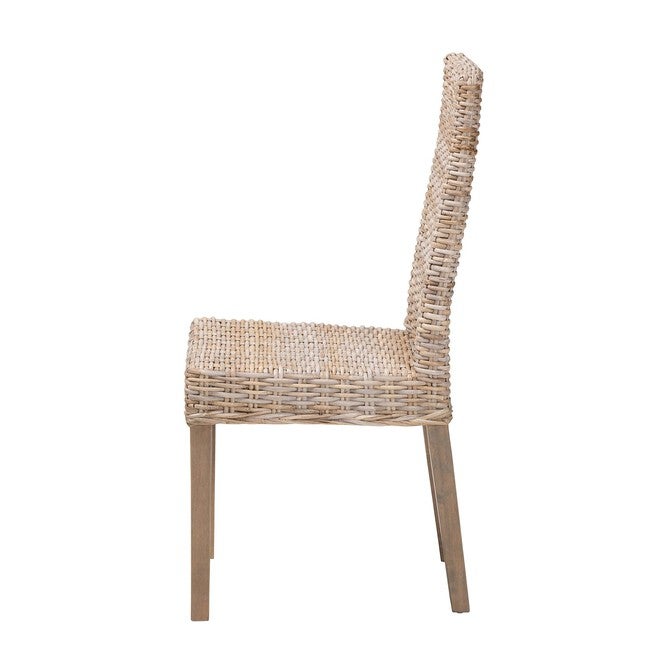 Side view of grey woven dining chair with mango wood legs