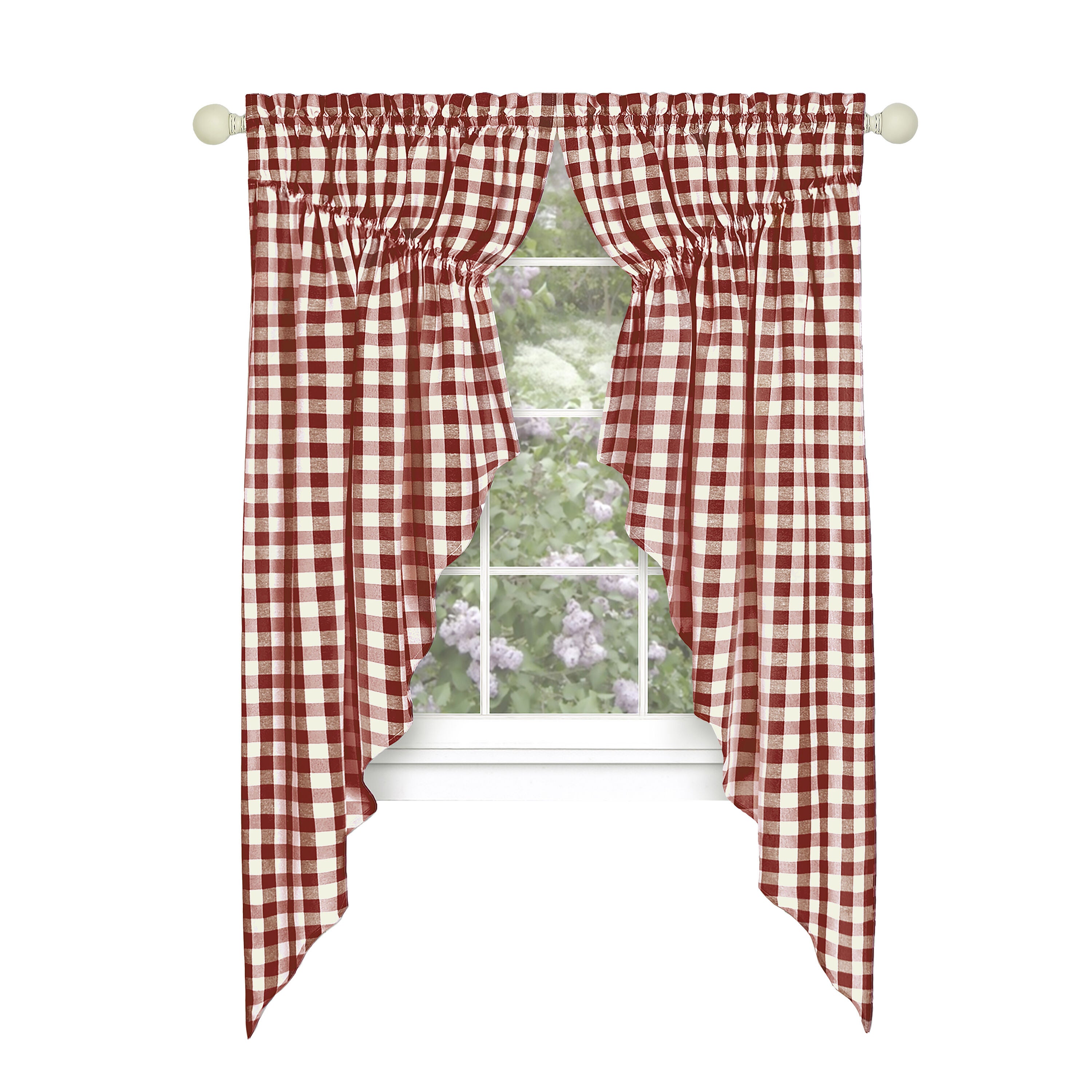 Buffalo Check Gathered Swag Window Curtain Pair, BURGUNDY, alternate image number 1