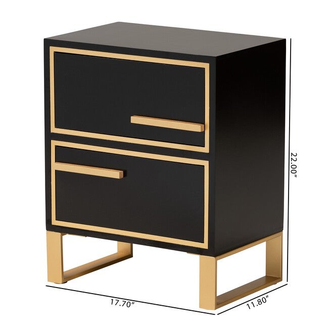 Giolla Contemporary Glam And Luxe Black Finished Wood And Gold Metal 2-Drawer Nightstand, , alternate image number null