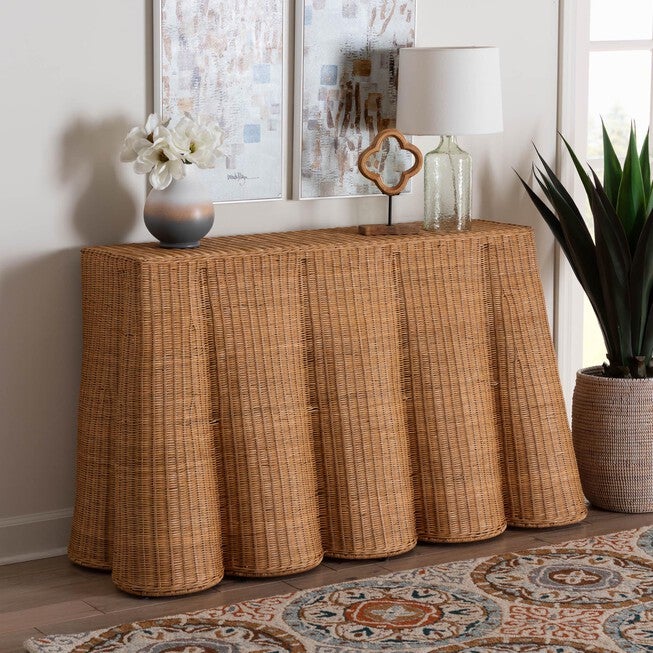 Palm Bohemian Honey Scallop Rattan Console Table, , alternate image number null