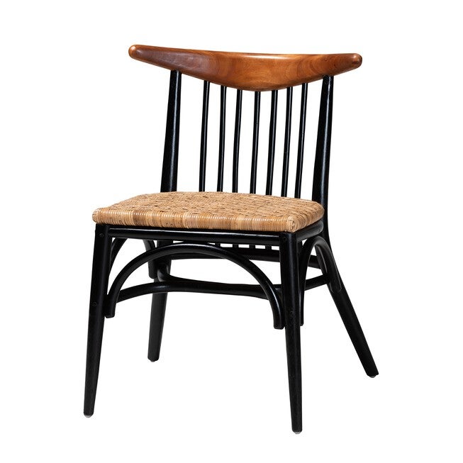 Parthenia Mid-Century Modern Two-Tone Black And Walnut Brown Finished Mahogany Wood And Natural Rattan Dining Chair, WALNUT BROWN BLACK, hi-res image number null