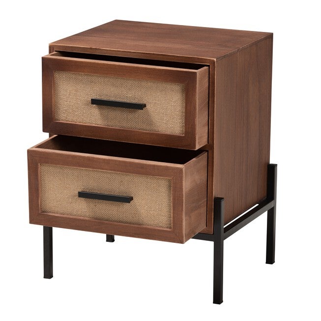 Paxley Mid-Century Modern Industrial Walnut Brown Finished Wood And Beige Fabric 2-Drawer End Table, , on-hover image number 1
