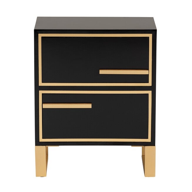 Giolla Contemporary Glam And Luxe Black Finished Wood And Gold Metal 2-Drawer Nightstand, , alternate image number null