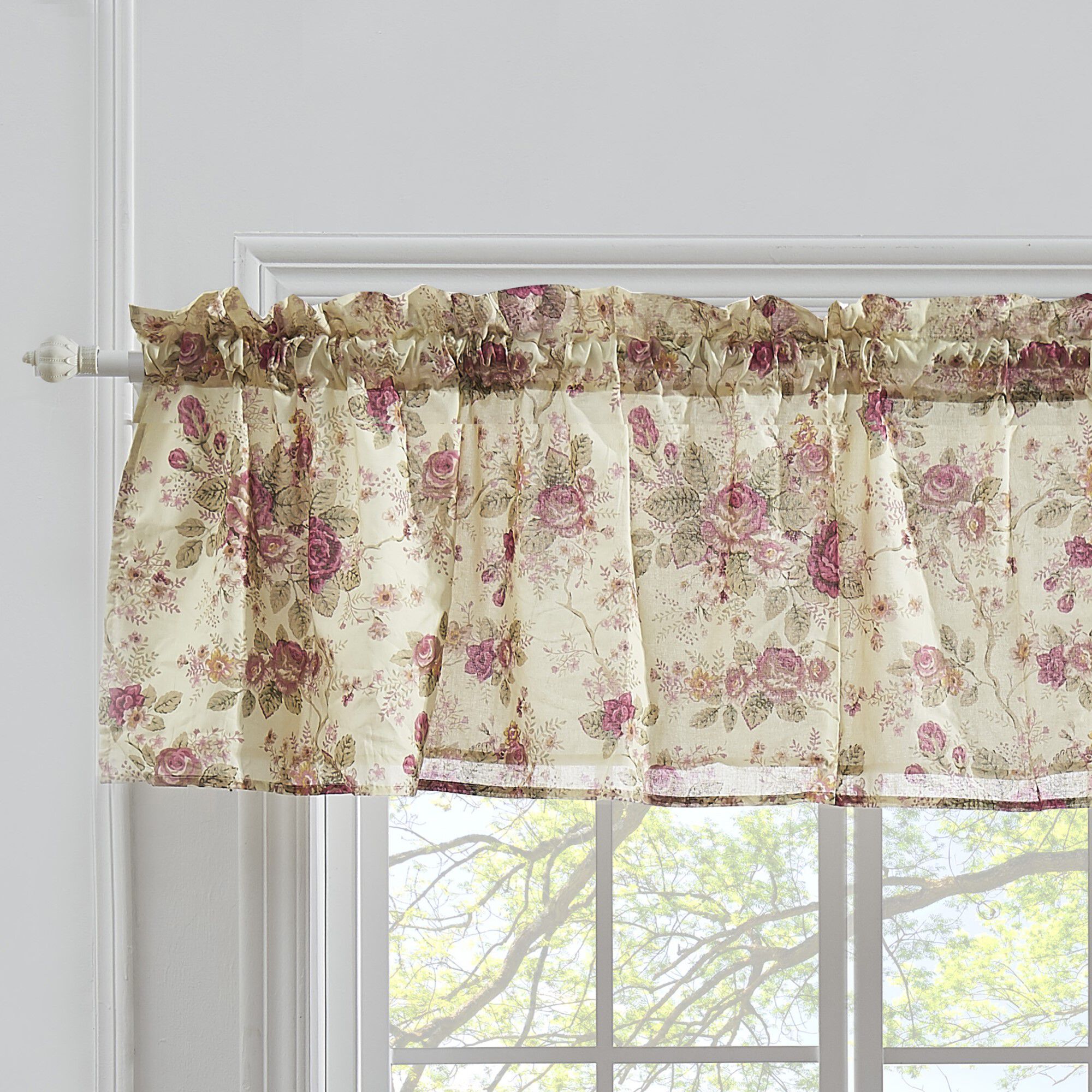 Antique Rose 100% Cotton Window Treatment Valance Curtains, ECRU, hi-res image number 0