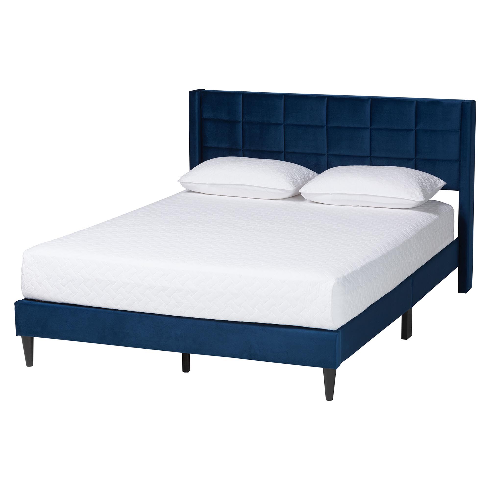 Baxton Studio Payne Modern Glam Grey Velvet and Dark Brown Wood Queen Bed, NAVY BLUE, alternate image number 1