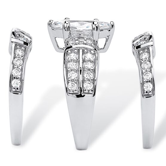 Silver Marquise Cut 3 Piece Multi Row Bridal Ring Set Cubic Zirconia, , on-hover image number null