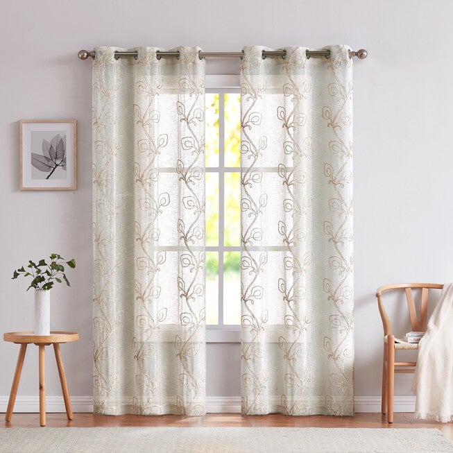 Stella Semi Sheer Floral Grommet Panel Pair, LINEN, hi-res image number null