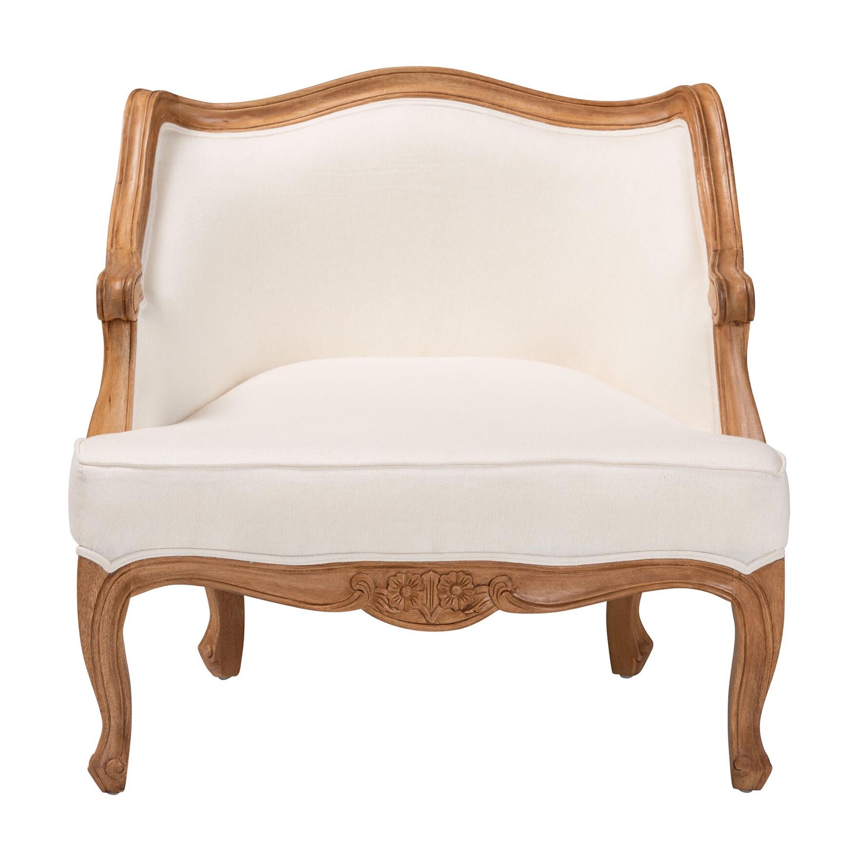 Sylvestra Traditional French Beige Fabric And Honey Oak Finished Wood Low Seat Accent Chair, , on-hover image number 1