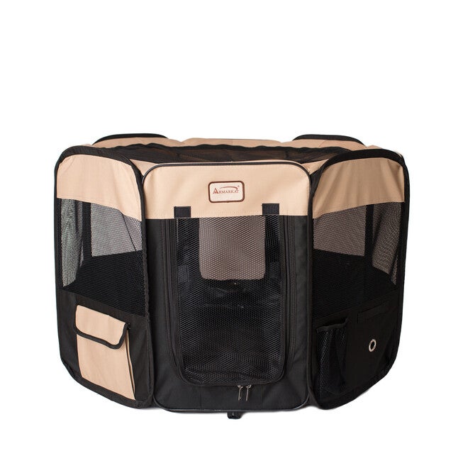 Portable Pet Dog Kitten Playpen In Black And Beige Combo, , alternate image number null