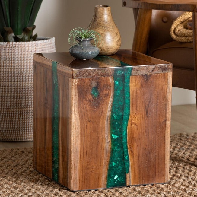 Anan Teak Wood Epoxy Resin End Table, Cube, BROWN, hi-res image number 0
