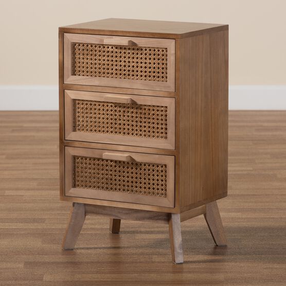 Baden Mid-Century Modern Walnut Brown Finished Wood 3-Drawer Nightstand With Rattan, , alternate image number null