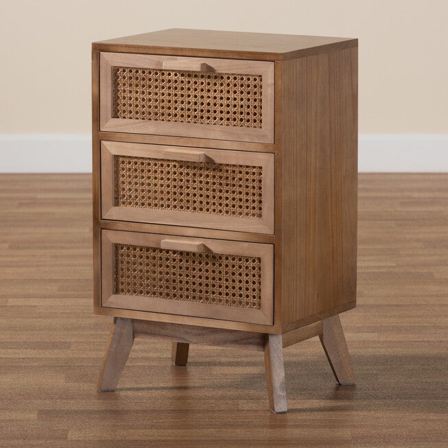 Baden Mid-Century Modern Walnut Brown Finished Wood 3-Drawer Nightstand With Rattan, , alternate image number 8