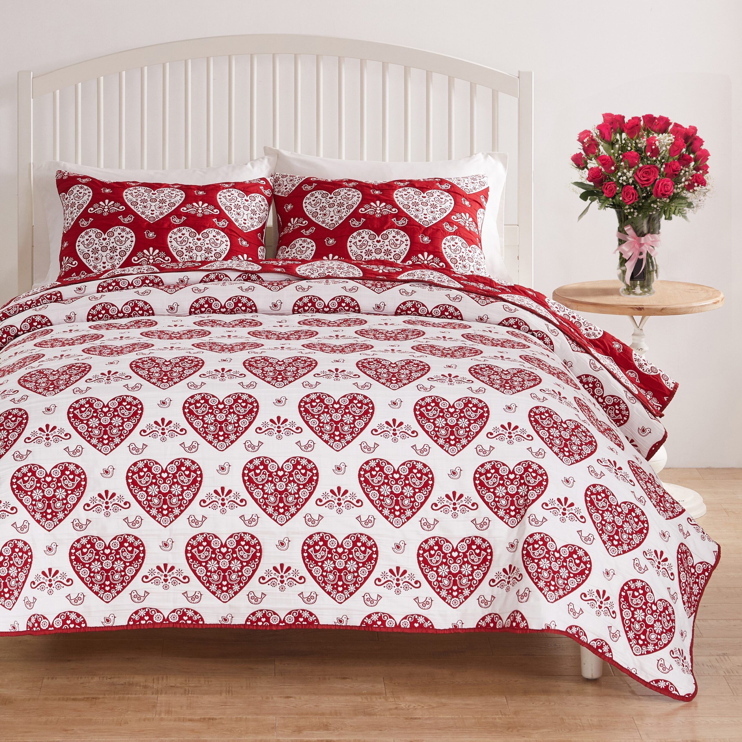 Lovebirds Romantic Hearts Matelassé Coverlet Set, RED, alternate image number 1