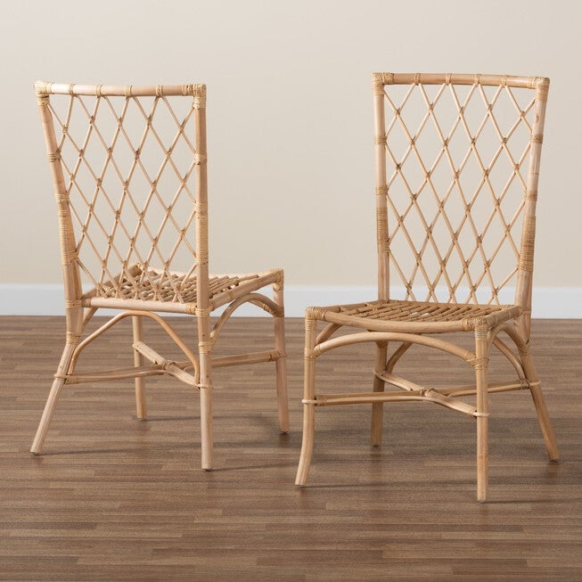 Doria Modern Bohemian Natural Brown Rattan 2-Piece Dining Chair Set, , alternate image number null