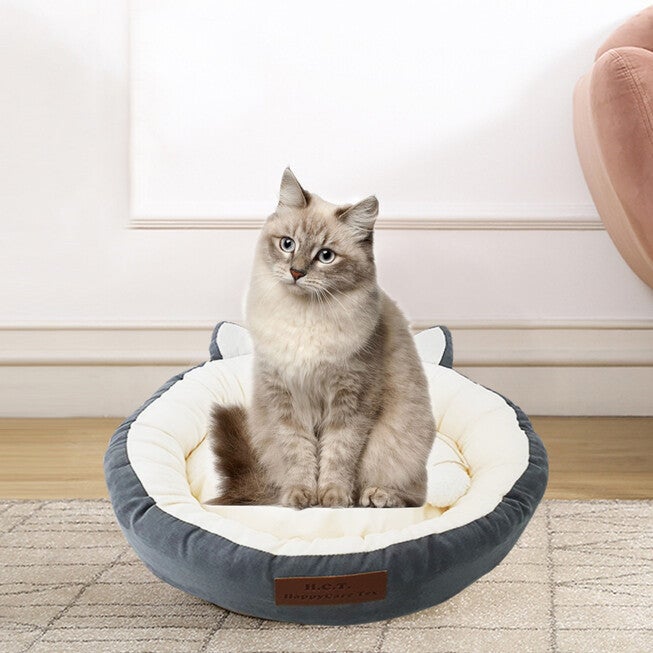 GREY poly-cotton cozy round cat bed , 18 inch, GREY, hi-res image number 0