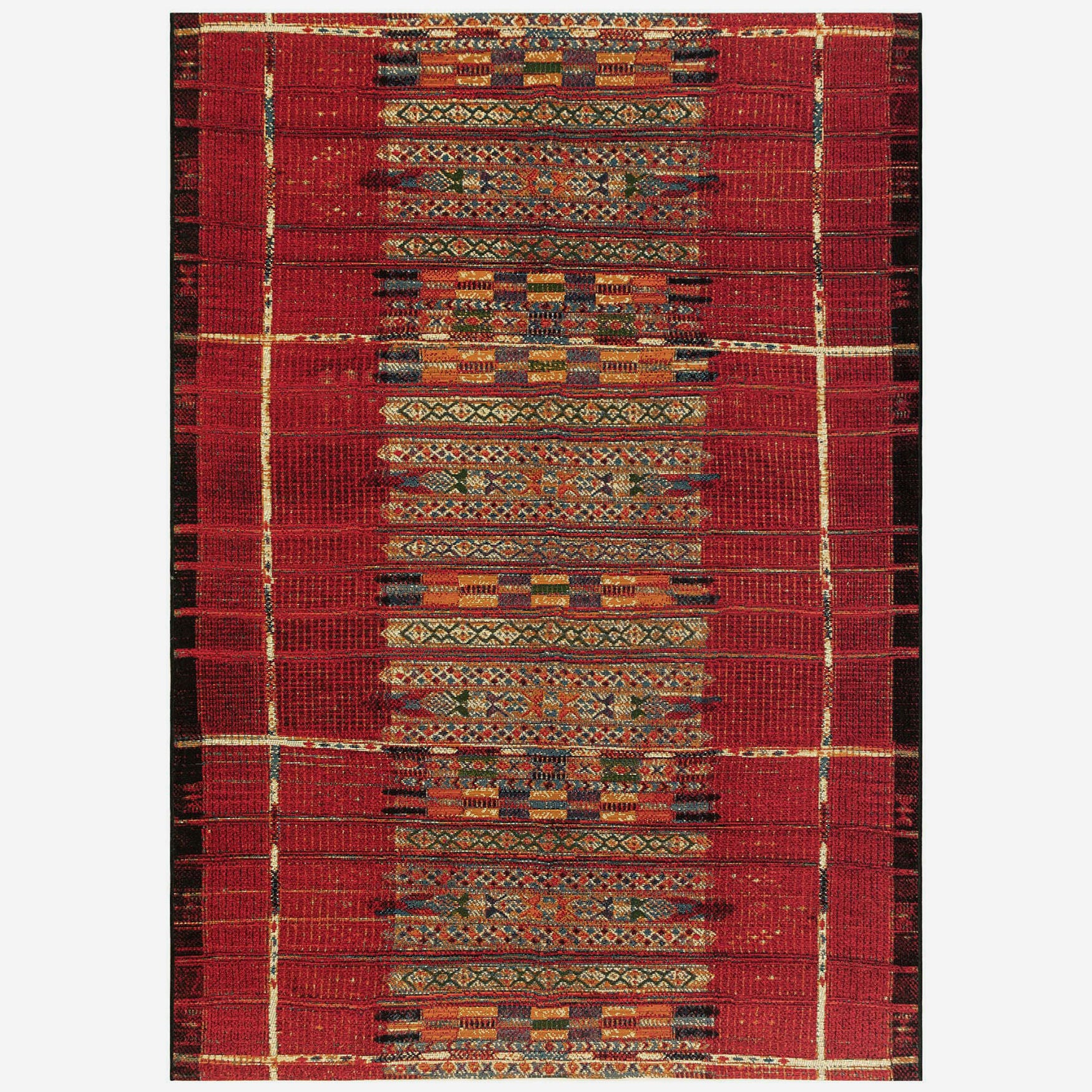 Liora Manne Marina Tribal Stripe Indoor/Outdoor Area Rug Black 8 feet 10 inches x 11 feet 9 inches, RED, hi-res image number 0