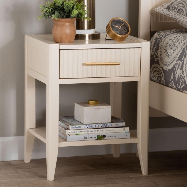 Primrose Mid-Century Ivory Fluted Wood 1-Drawer Nightstand, IVORY, hi-res image number 0